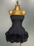Sexy Evening Bandage Dress Strapless Bodycon Flowers Mini Celebrity Women Birthday Party Dress Photo Shoot Nightclub Outfit black