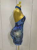 Sexy Sparkly Rhinestones Chains Blue Mesh Short Dress Women Party Celebrate Birthday Dresses Photo Shoot Stage Wear