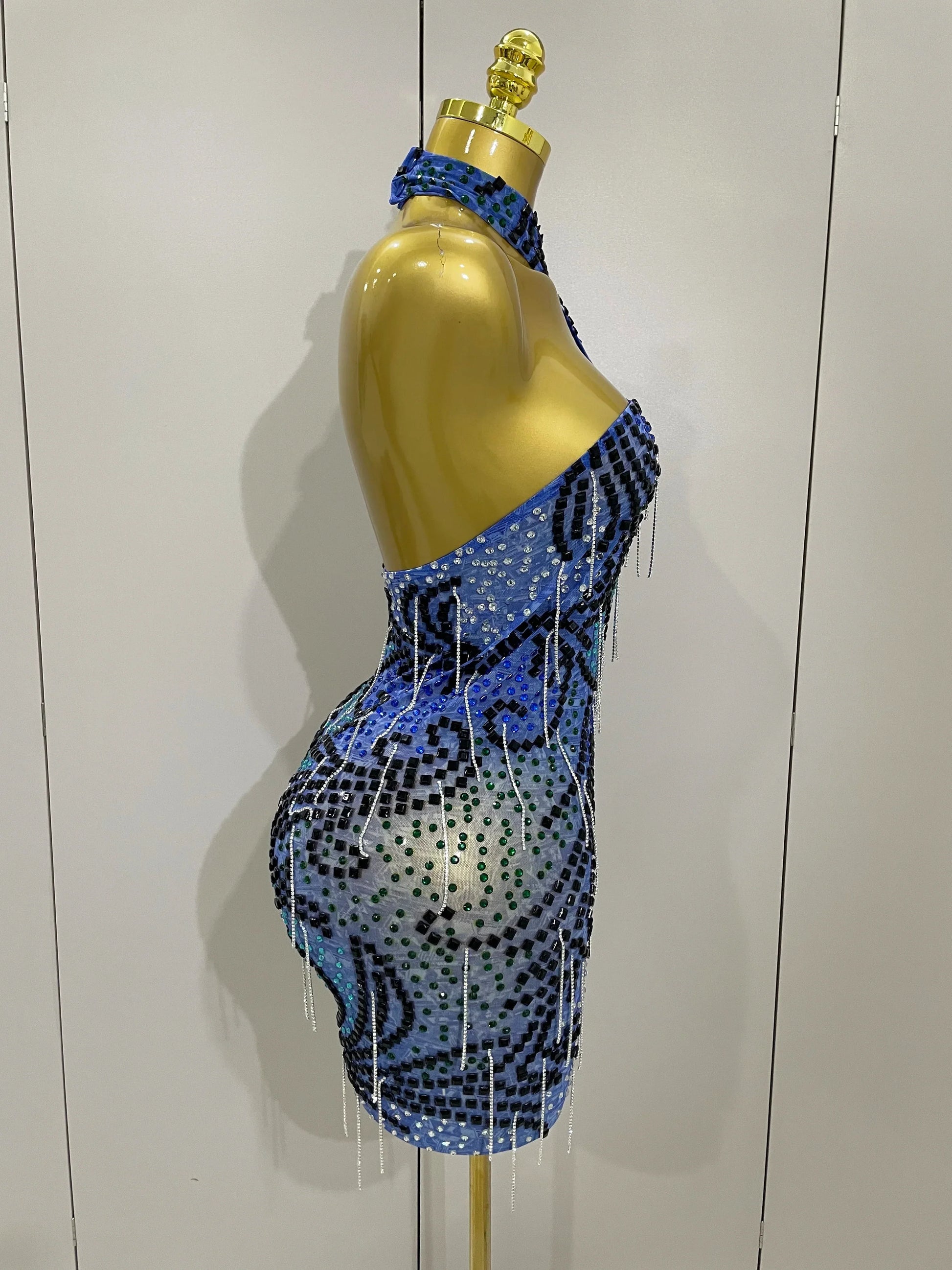 Sexy Sparkly Rhinestones Chains Blue Mesh Short Dress Women Party Celebrate Birthday Dresses Photo Shoot Stage Wear