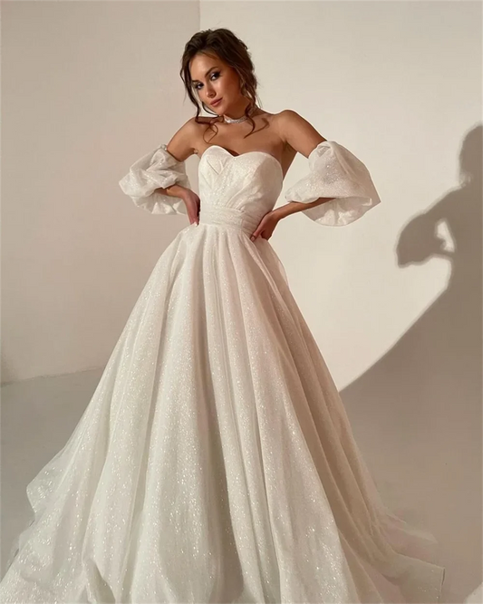 Amanda Off Shoulder Glitter Prom Dresses Shiny Sequin Evening Dress Sweetheart Puffy Sleeve A-line Wide Train vestidos de fiesta