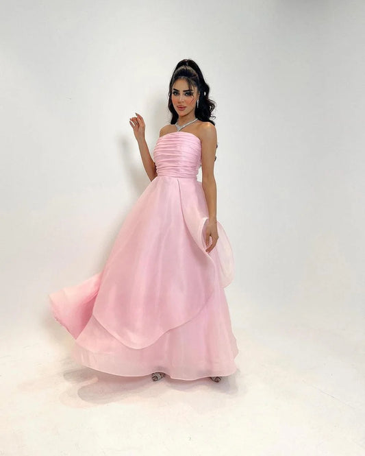 Amanda Strapless Organza فساتين السهرة Light Pink A-line Floor Lenght Prom Dress 2023 Sexy Sleeveless Crimping Prom Gown