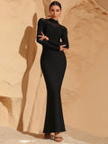 2025 Elegant Women's Wear Light Luxury Hot Diamond Tulle Patchwork Bandage Dress Stand Collar Long Sleeve Bodycon Long Dresses