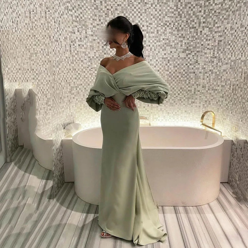 Bodycon Trumpet Evening Dresses Silk Satin Off The Shoulder Long Sleeves Saudi Arabia Prom Gown Women For Wedding Party