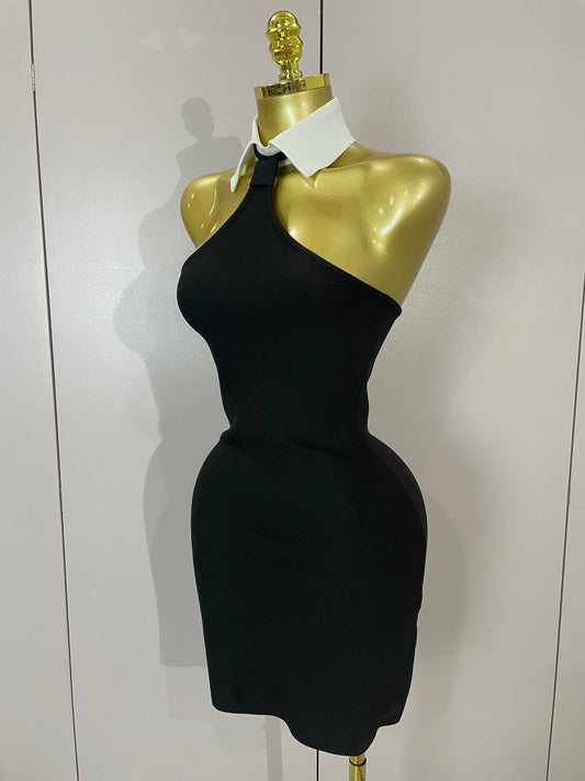 Sexy Backless White Shirt Collar Black Mini Bodycon Bandage Dress Women Elegant Evening Club Party Luxury Birthday Dresses