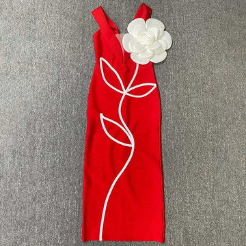 Black Red Strapless Bodycon Bandage Ankle-Length Dress with Appliques Polyester Spandex Red