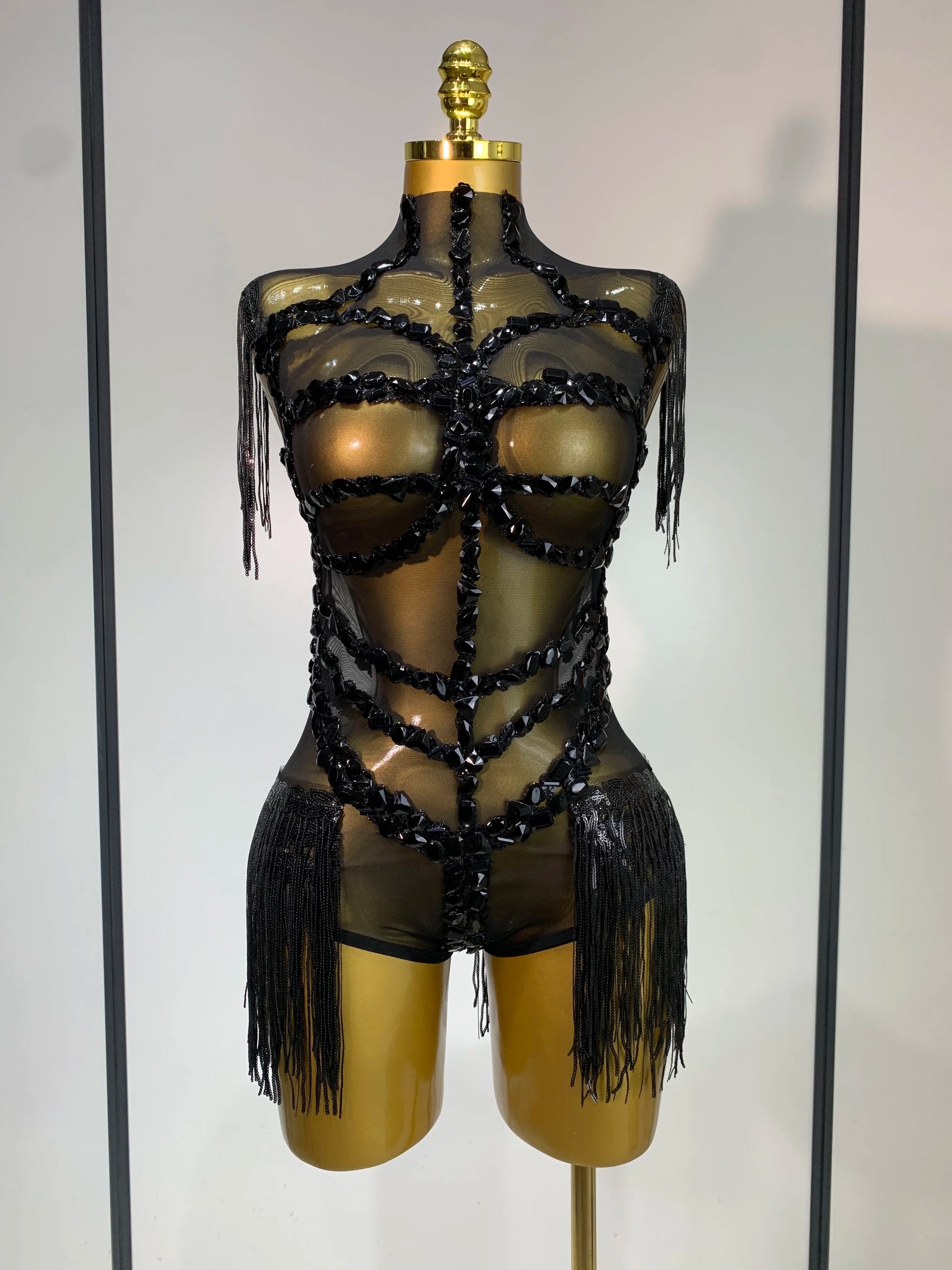 High Quality Luxury Rhinestone Sexy Mesh See Through Bodysuit Women Celebrate Birthday Party Club Singer Dancer Stage Outfit black