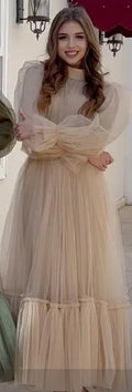 Long Sleeves Prom Gowns A Line Tulle Tiered Skirt Short Formal Special Party Dresses Women Bridesmaid Dress Champagne
