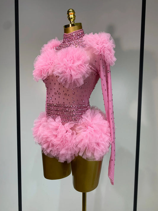 Sexy See Through Rhinestone Bodysuit Women Sexy Tight Mesh Ruffles Performance Dancer Singer Costume Nightclub Stage Outfit