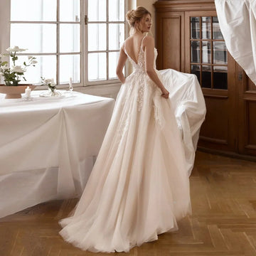 Wedding Dress Sexy Spaghetti Straps V Neck Beading Applique High Split A Line Champagne Bridal Gown Vestido De Noiva