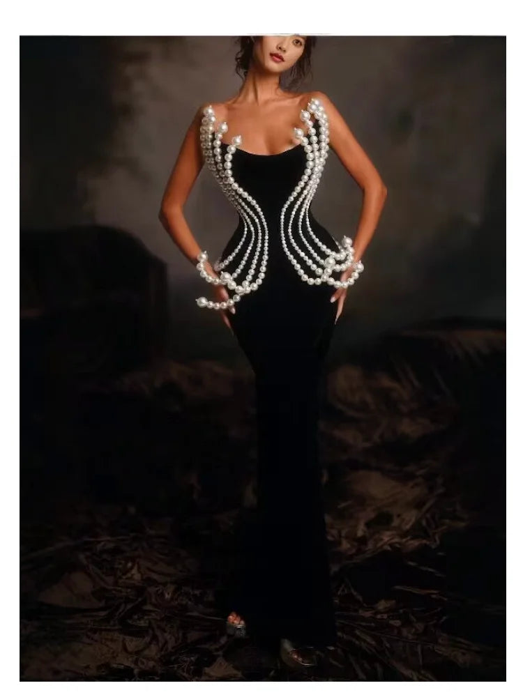 Luxury Pearl Geometric Design Strapless Package Hips Bandage Long Dress Elegant Woman Party Dress Celebrity Party Vestido black