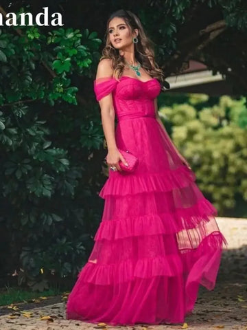 Fuchsia A-Line Tulle Off-Shoulder Prom Dress Elegant Multilayer Party Gown Sweetheart Neckline Fuchsia