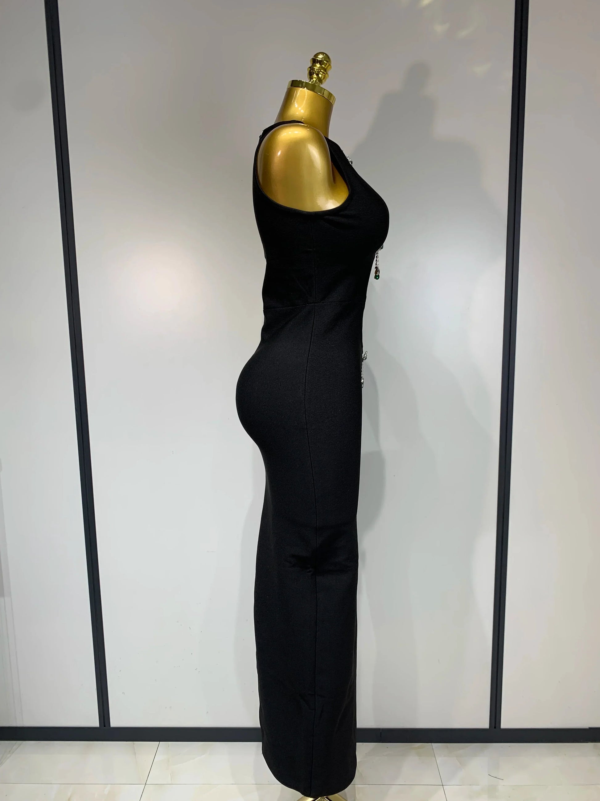 Women Celebrity Sexy Cut Out Diamonds Black Long Bodycon Bandage Dress Elegant Evening Club Party Luxury Birthday Dresses