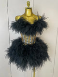 Women Sexy Backless Strap Mesh Fluffy Skirt 2 Pieces Diamond Sequins Stage Performance Costume Birthday Party Shooting Dress black