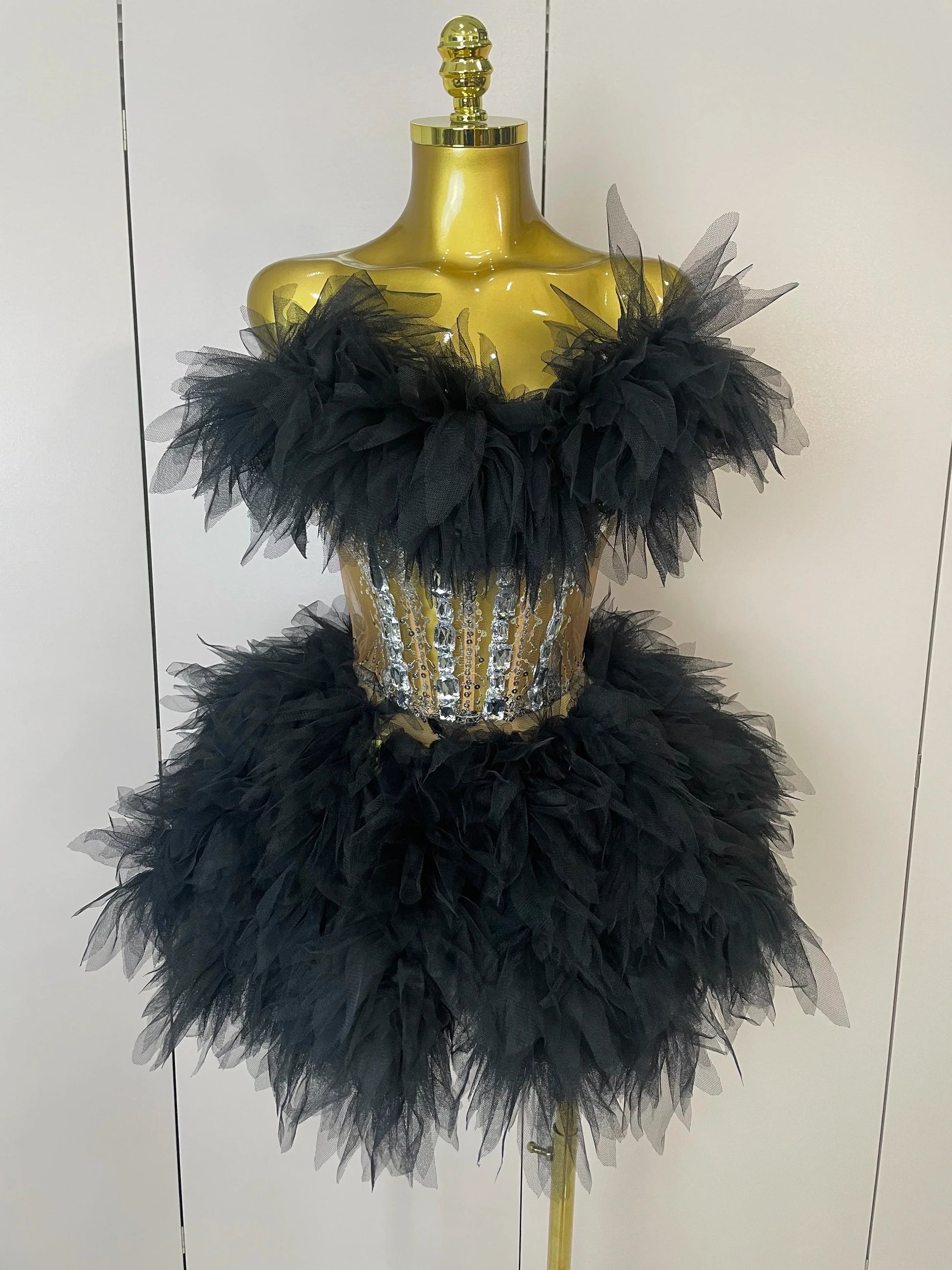 Women Sexy Backless Strap Mesh Fluffy Skirt 2 Pieces Diamond Sequins Stage Performance Costume Birthday Party Shooting Dress black