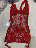 Women Sexy Halter Crystal Bodycon Mini Dress Celebrate Nightclub Party Performance Birthday Photo Shoot Dress Red