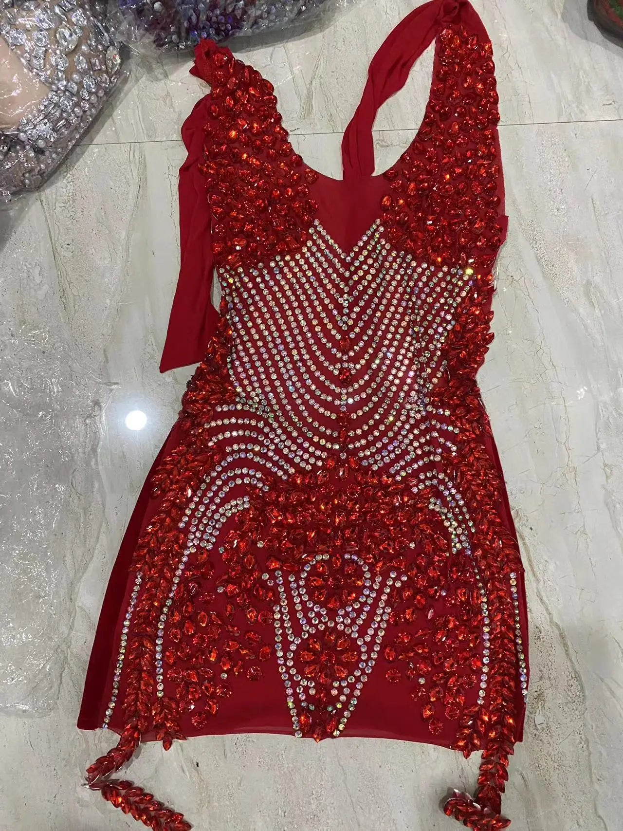 Women Sexy Halter Crystal Bodycon Mini Dress Celebrate Nightclub Party Performance Birthday Photo Shoot Dress Red