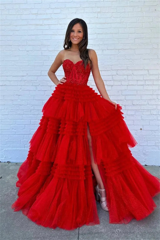 Off Shoulder A-line Prom Dress Heart Shaped Neck Multilayer Vestidos De Noche Sexy Side High Split Graduation Ball Dress