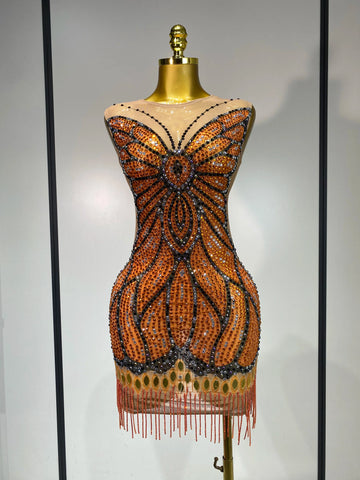 Luxury Rhinestone Mesh Sleeveless Sheath Dress Polyester Slim Fit Orange