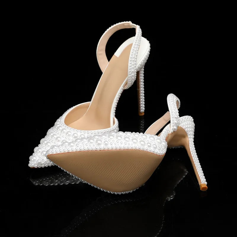 Luxury Handmade Full Pearls Wedding Women Pumps Elegant Pointed toe Slingbacks high heels Fashion Summer Party Bridal Shoes