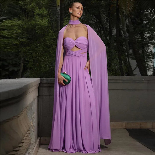 Modest Lavender Chiffon Prom Dress A-Line Long Cape Sleeves Ruched Floor Length Evening Dress vestidos de gala Lavender