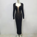 High Quality Women Long Sleeve Sexy Golden Rhinestones Bodycon Long Bandage Dress Nightclub Party Celebrate Fashion Dress black