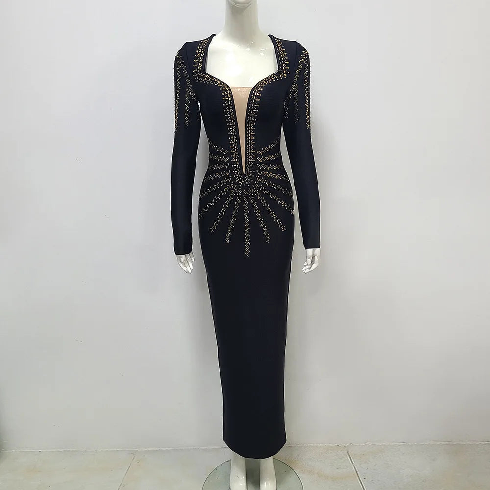 High Quality Women Long Sleeve Sexy Golden Rhinestones Bodycon Long Bandage Dress Nightclub Party Celebrate Fashion Dress black