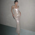2025 Spring Sexy Women's Light Luxury Bright Piece Long Dress with U Neck Sleeveless Bodycon backless Evening Club Party Dresses