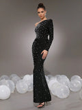 Elegant Women Light Luxury Nail Bead Bandage Dress with Slant Neck Single Shoulder Sleeve Bodycon Black Long Dress Vestidos