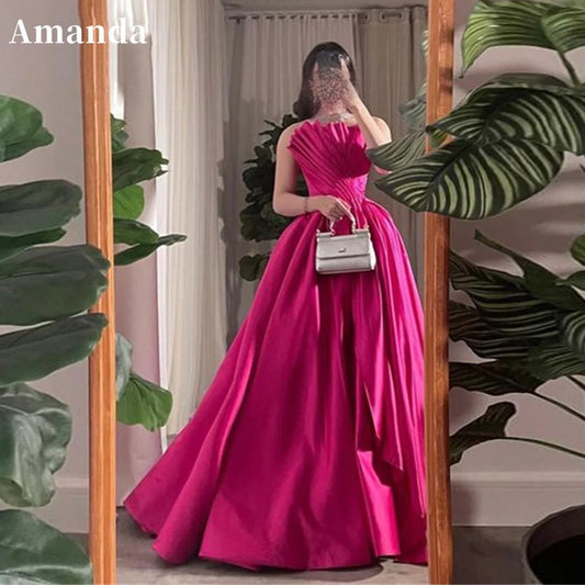 Rose Pink Silk Evening Dress Sexy Strapless A-line Prom Dress Ball Gown Party Dress Sleeveless فساتين مناسبة رسمية
