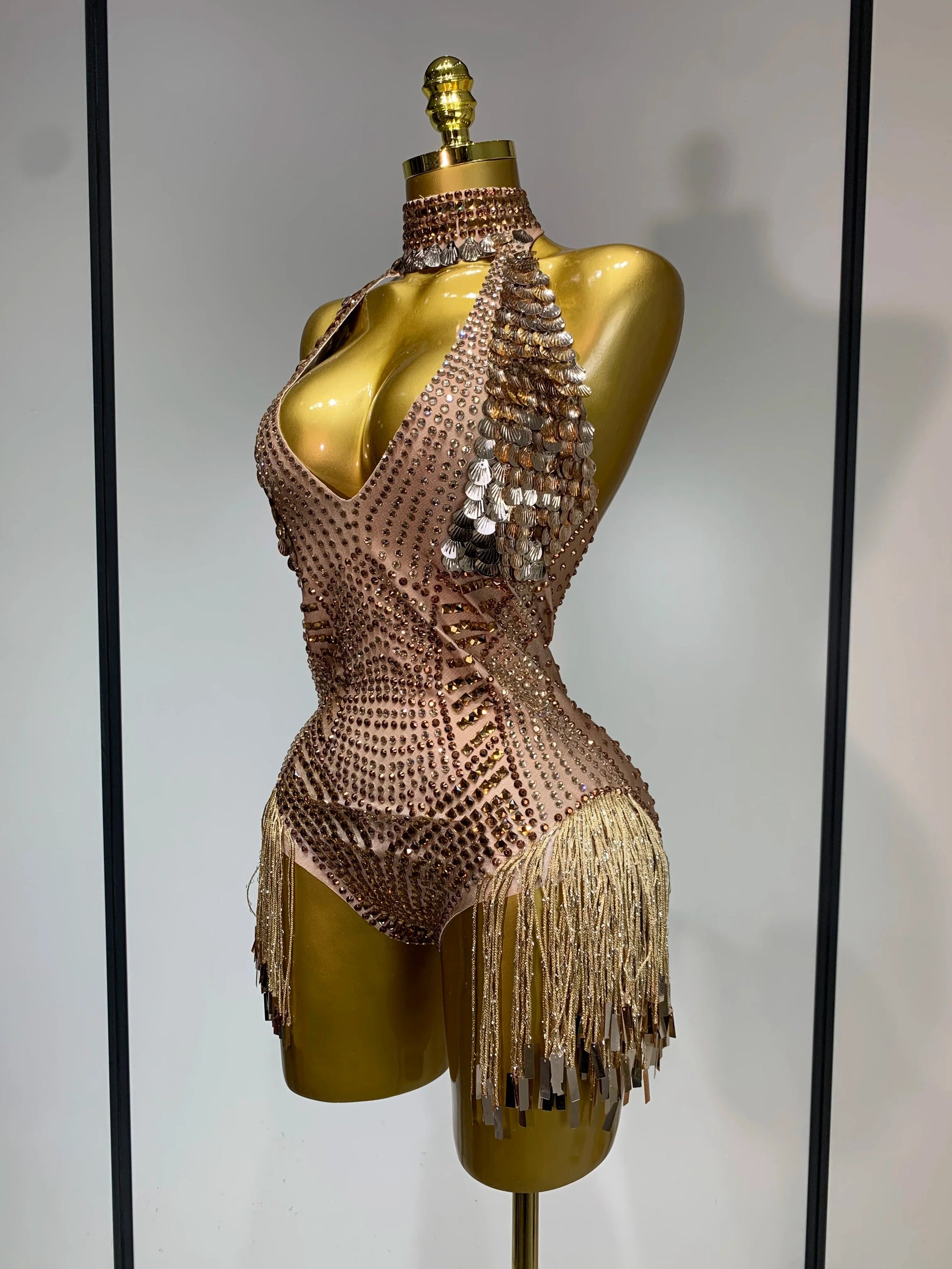 Luxury Sparkly Rhinestones Tassels Sequins Bodysuit Women Sexy Halter Backless Stage Performance Costume Club Birthday Outfit