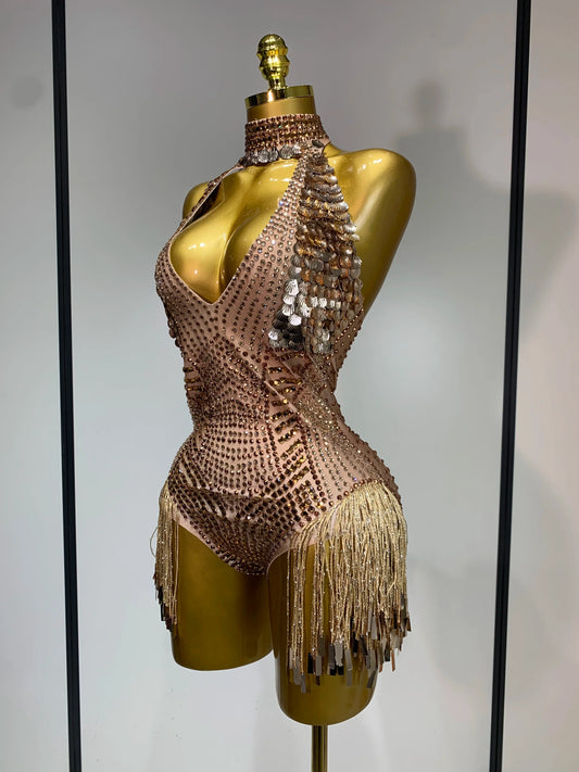 Luxury Sparkly Rhinestones Tassels Sequins Bodysuit Women Sexy Halter Backless Stage Performance Costume Club Birthday Outfit