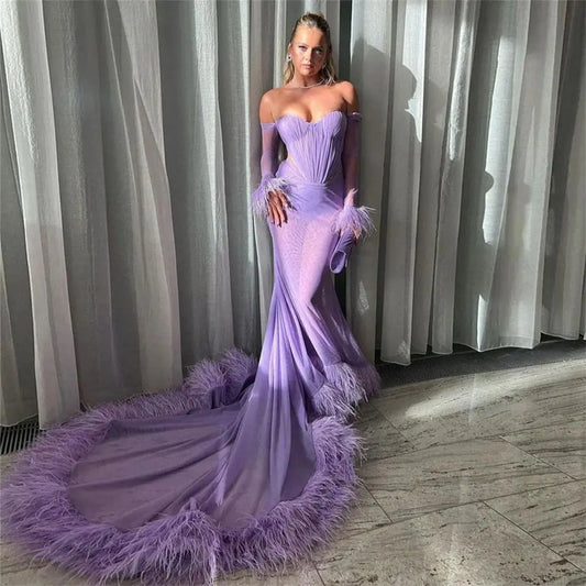 Noble Lavender Mermaid Prom Dress Chiffon Off The Shoulder Feather Floor Length Evening Dress vestido de gala Lavender