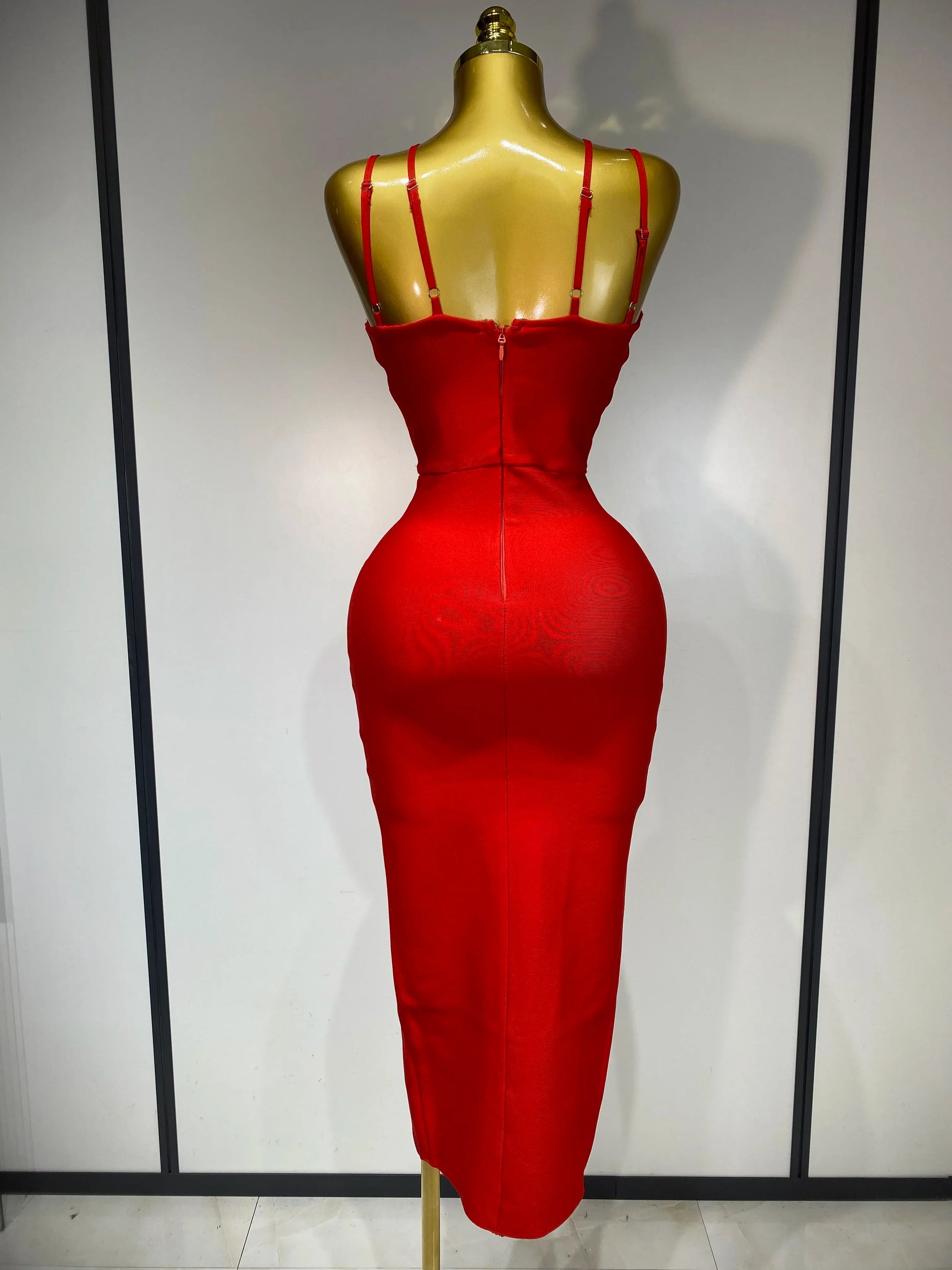 Women Sexy Sleeveless Hollow out Split Backless Red Midi Bandage Dress Celebrity Elegant Evening Luxury Birthday Dresses