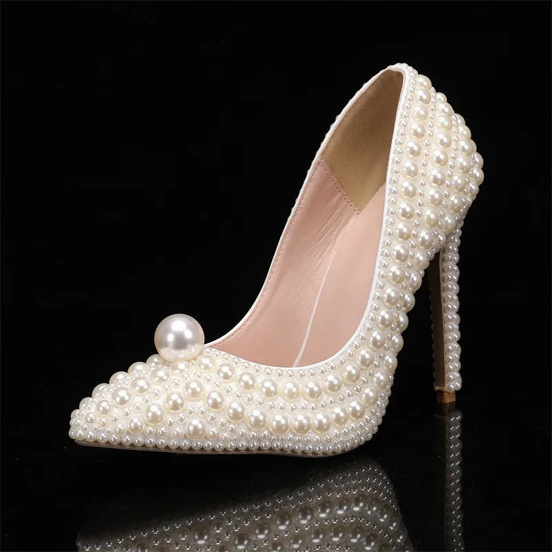 Luxury All perals Decoration White Women Pumps Fashion Spring Autumn Elegant 11CM Thin High heels Wedding Bridal Prom Shoes Beige