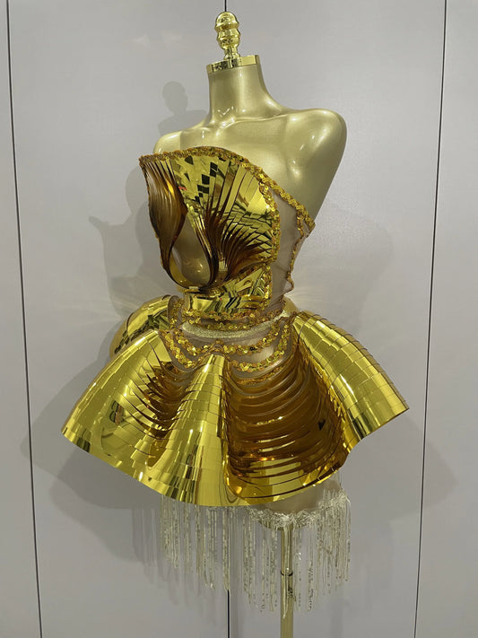 Shiny Gold Mirrors Sexy 2 Pieces Mini Dress Women Celebrate Birthday Party Performance Stage Costume Festival Wear