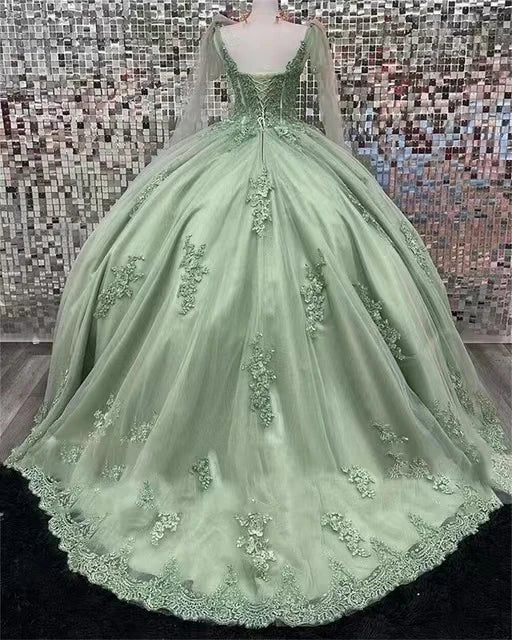 Glittering Sage Green Quinceanera Dresses Flower Beading Lace Appliques Princess Birthday Party Vestidos De 15 Años