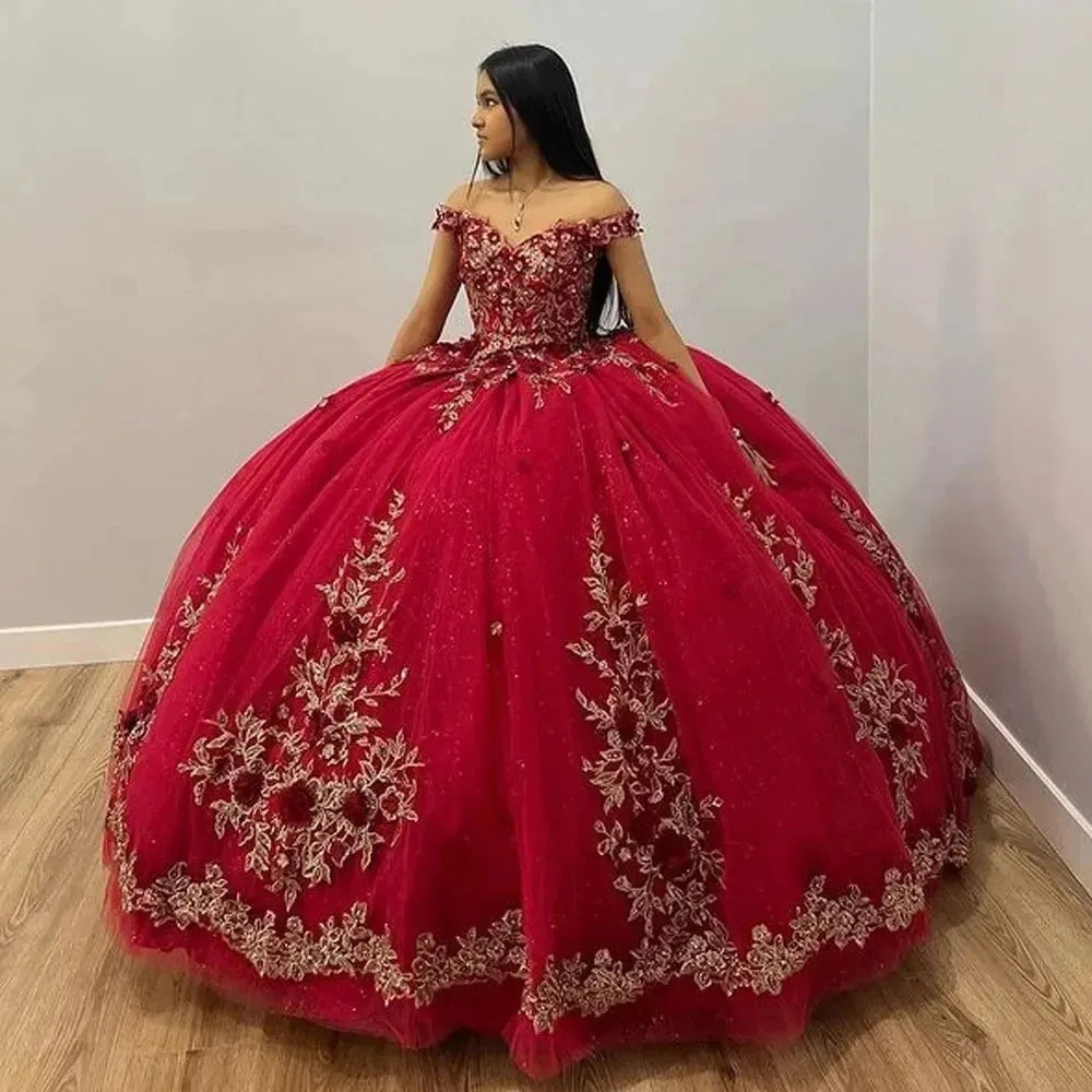 Luxury Burgundy Quinceanera Dresses Gold Lace Appliques 3D Flower Vest