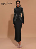 Elegant Women's Light Luxury Hot Diamond Bandage Dress with Stand up Collar and Trumpet Sleeve Bodycon Long Dress Vestidos