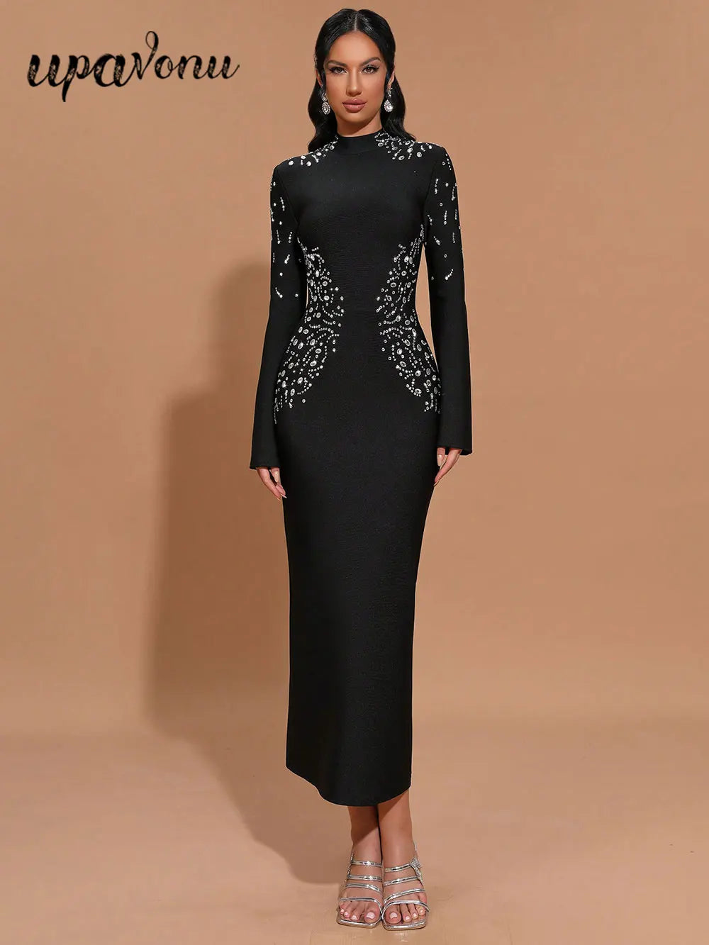Elegant Women's Light Luxury Hot Diamond Bandage Dress with Stand up Collar and Trumpet Sleeve Bodycon Long Dress Vestidos