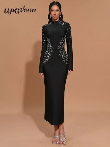 Elegant Women's Light Luxury Hot Diamond Bandage Dress with Stand up Collar and Trumpet Sleeve Bodycon Long Dress Vestidos
