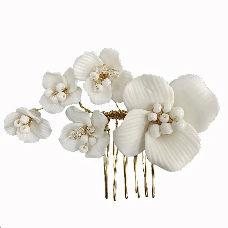 Bridal Hair Jewelry Vintage Headband Hairband Porcelain Flower Headpiece Headdress Bride Gold Color Headwear Wedding Accessories