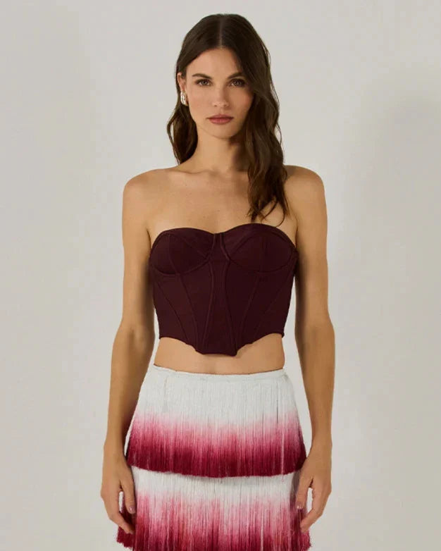 New Arrival Women Sexy Strapless Gradient Tasseles Strapless 2 Pieces Bodycon Bandage Long Dress Celebrate Birthday Party Outfit Claret