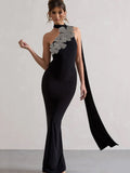 Elegant Solid Diamond Flower Bandage Women Halter Dress Off Shoulder Sleeveless Backless Slim Female Maxi Dresses Lady Robe