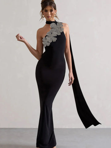 Elegant Solid Diamond Flower Bandage Women Halter Dress Off Shoulder Sleeveless Backless Slim Female Maxi Dresses Lady Robe