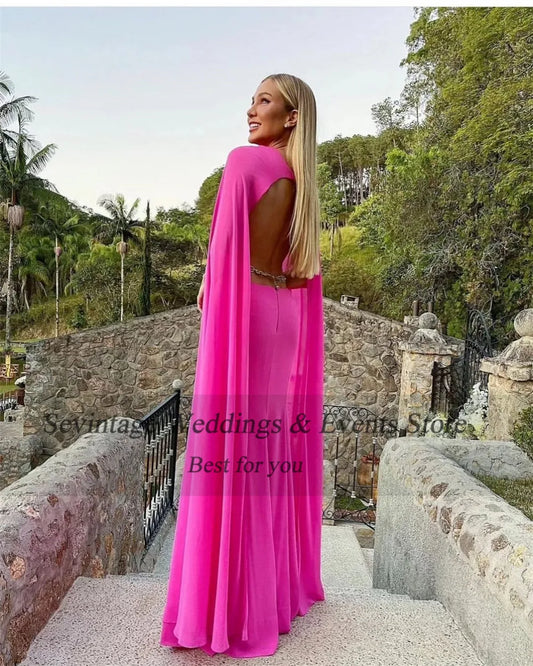 Sexy Amaranth Chiffon Prom Dresses Pleat Ruched Long Cape Sleeves Backless Formal Evening Dress Women Party Gowns