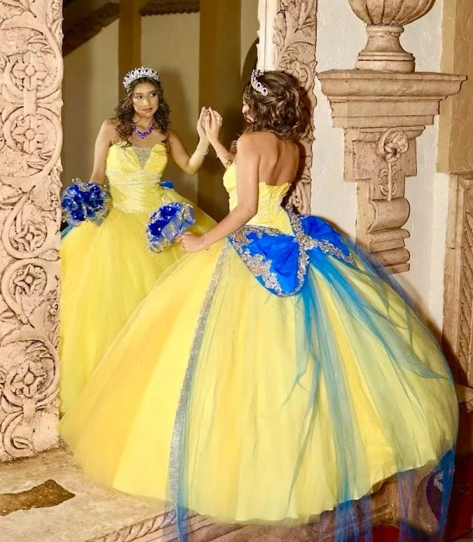 Cinderalle Yellow Vestidos De 15 Quinceañera Dress 2025 Contrast Blue Train Vestido Xv Años Luxury Bead Lace Birthday Customized