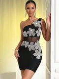 Sexy Women'S Light Luxury Flower Studded Diamond Bandage Dress One Shoulder Sleeveless Bodycon Sheer Patchwork Mini Dress, black