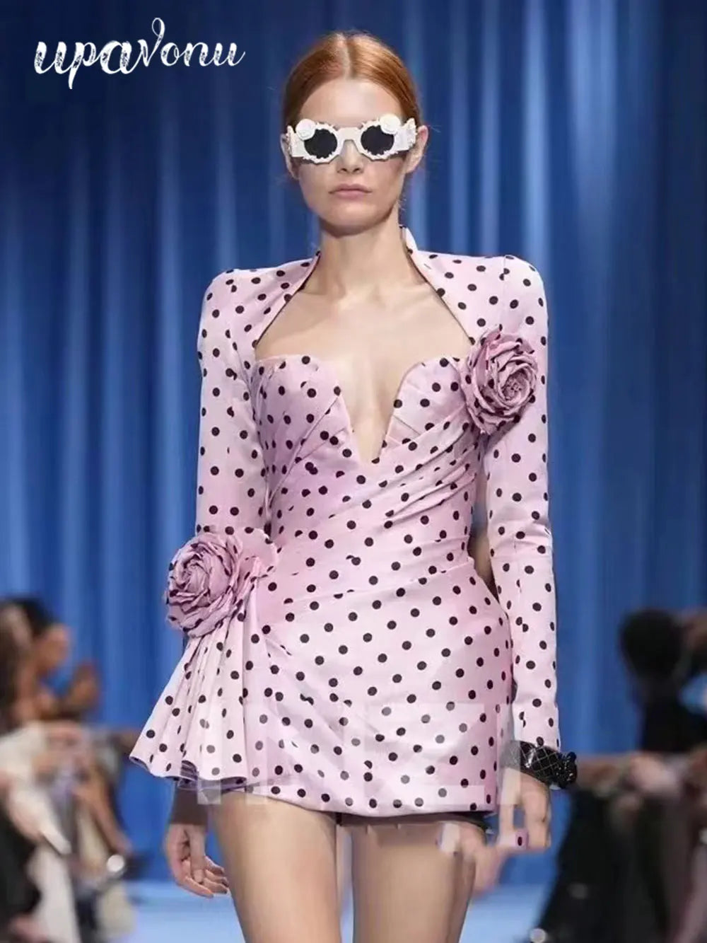 Sexy Women'S Three-Dimensional Flower Patchwork Polka Dot Dress V-Neck Long Sleeved Draped Bodycon Pink Mini Dress Vestidos