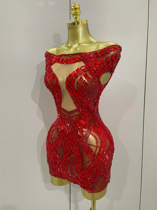 Shining Red Rhinestones Sexy Mesh See-Through Mini Dress Women Celebrate Evening Prom Birthday Party Dress Stage Shoot Wear