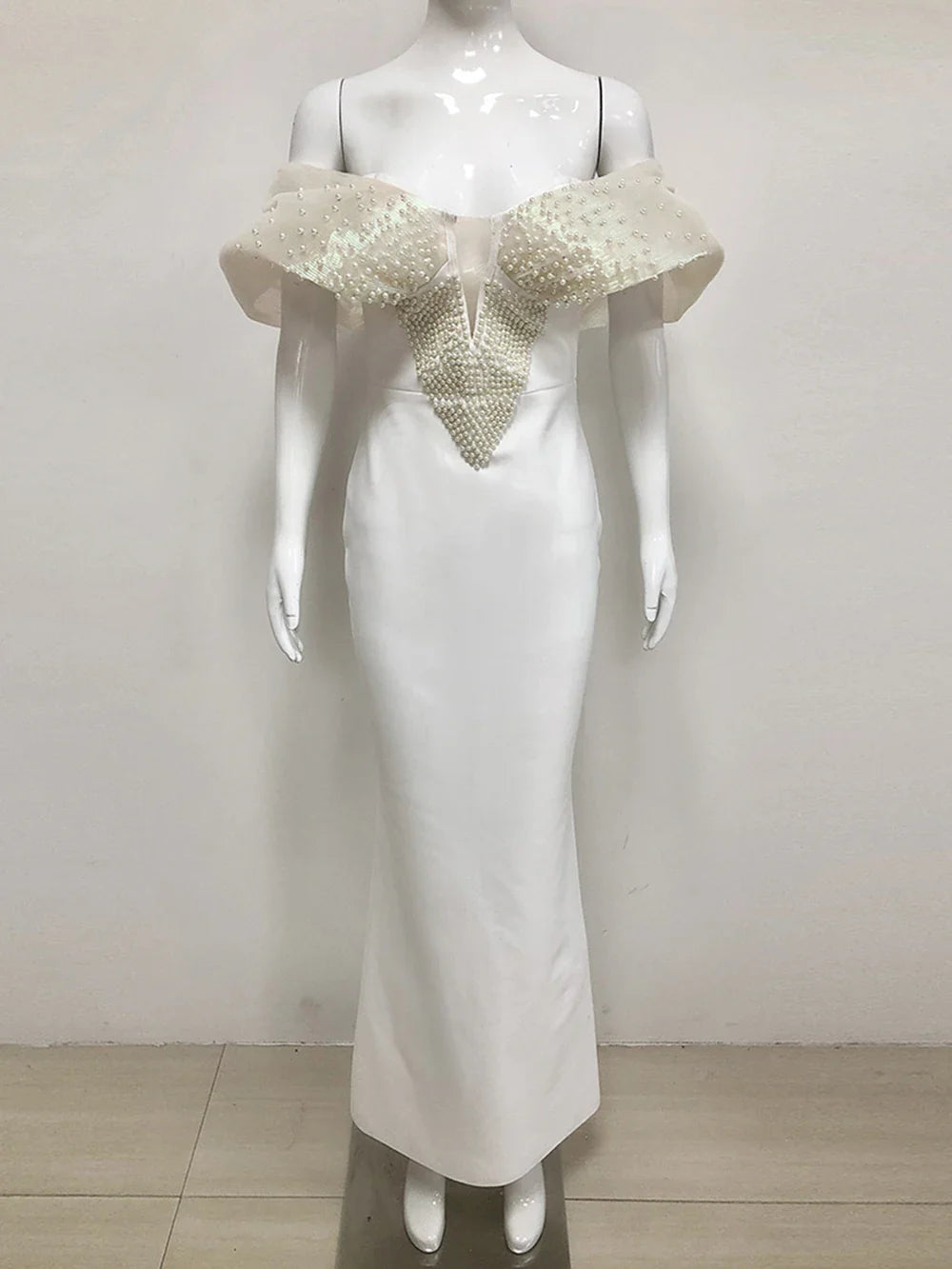 Women Sexy Pearl Beading Tight Maxi Bandage Dress Off The Shoulder Patchwork Bodycon Clothes Club Evening Party Elegant Gown